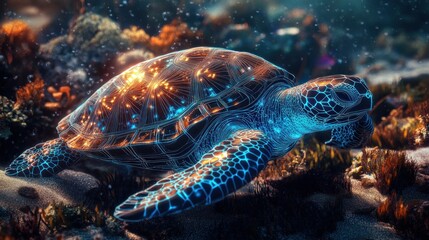 Obraz premium Glowing Sea Turtle Coral Reef Ocean Digital Art