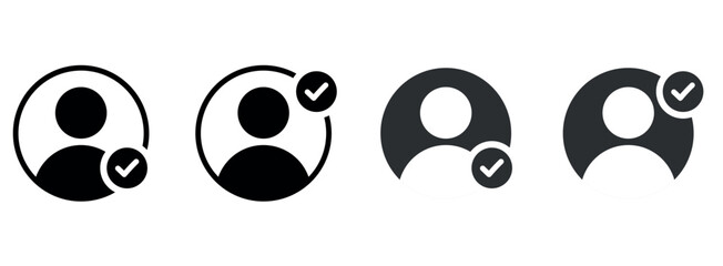 verified user icon set. Person profile avatar with plus, verified account symbol.verified contact, people, member, account Icon set. Person profile avatar with tick symbol. 