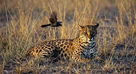 A tawny-colored Jaguarundi, perfectly camouflaged against dry savanna grass, lies completely still, its piercing eyes intently locked onto an unsuspecting bird.