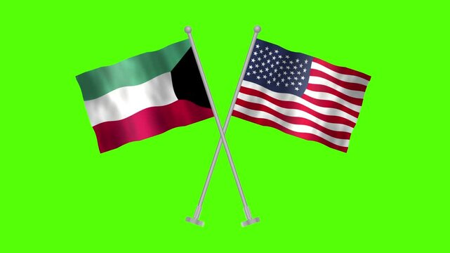 Flag of Kuwait and USA, Cross table flag of Kuwait and USA on Green screen chroma key, Kuwait and USA 3D Animation flag waving in the wind isolated on Green Background. 
