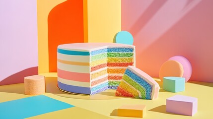 A fun and colorful rainbow-layered cake with a slice cut out, showing the vibrant layers, playful and appetizing.