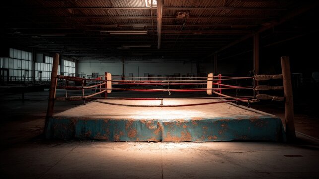Abandoned boxing ring in a dimly lit warehouse, symbolizing resilience and determination. Ideal for sports documentaries, urban exploration, and motivational content. - Powered by Adobe