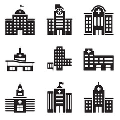 Obraz premium hospital, clinic, hospital building black vector silhouettes