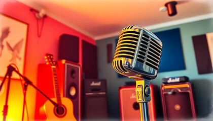 A vintage microphone illuminated by warm ambient lighting in the foreground of a music studio, crayon drawing, with white tones