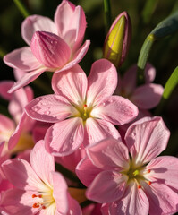 Fototapeta premium Delicate pink wildflowers bloom under sunlight in a vibrant spring garden