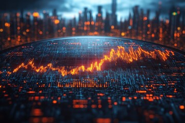 Visualization of financial data trends in cityscape with vibrant colors showcasing market fluctuations