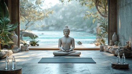 Tranquil meditation space overlooking serene waters