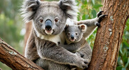 Fototapeta premium Adorable sight of a tiny baby koala (joey) peeking its head out from the safety and warmth of its mother's soft, protective pouch. Cute Australian marsupial.