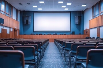 Fototapeta premium Lecture Hall: Rows of chairs face a large blank screen on a wooden stage area
