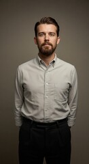 Obraz premium Confident young man with a beard posing in a casual shirt against a neutral background
