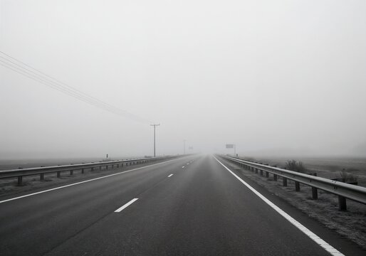 Foggy highway stretching into the distance with minimal visibility and roadside barriers