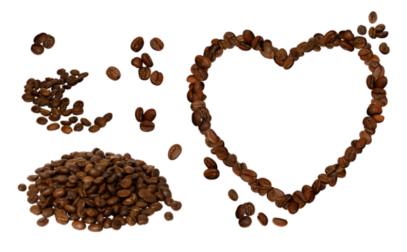 Сoffee elements set isolated on transparent background. Big coffee beans PNG. Many roasted grains pile cut out. Heart-shaped frame. Image for energy drink packaging, cafe menu design. Espresso blend