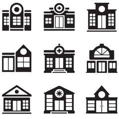 hospital, clinic, hospital building black vector silhouettes