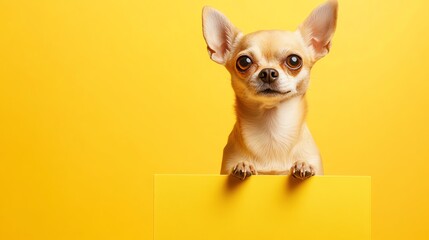Adorable Chihuahua with a vibrant yellow backdrop.