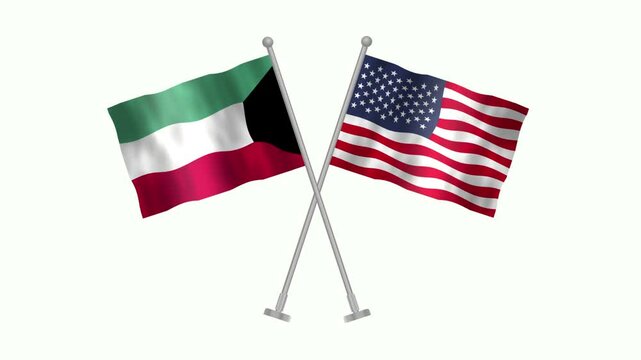 Flag of Kuwait and USA, Cross table flag of Kuwait and USA on white screen, Kuwait and USA 3D Animation flag waving in the wind isolated on white Background. 
