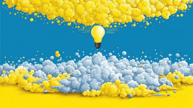 A light bulb shines brightly amidst a colorful display of yellow and blue clouds. This vector art style captures the essence of creativity and innovation in a dynamic visual representation