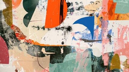 Fototapeta premium Vibrant abstract composition with colorful geometric shapes, dots, lines and stripes with textured paint brushstrokes background