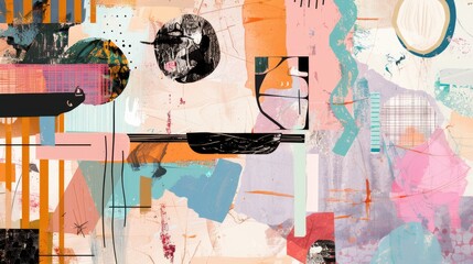 Vibrant abstract composition with colorful geometric shapes, dots, lines and stripes with textured paint brushstrokes background