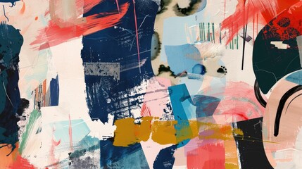 Vibrant abstract composition with colorful geometric shapes, dots, lines and stripes with textured paint brushstrokes background