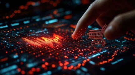 Naklejka premium Finger hovering over a virtual shopping cart on a digital screen with abstract red and blue lights