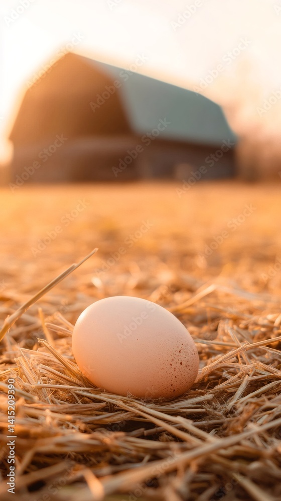 Aufkleber freshly laid egg resting on straw in a farm setting, with a barn softly illuminated by the warm glow