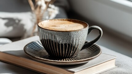 Coffee cup atop book with window light casting shadows and vase in the background