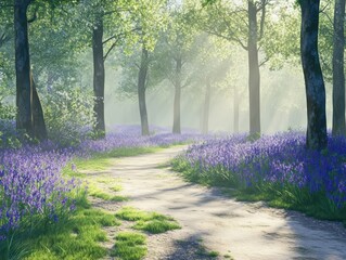 Purple flower path forest scene