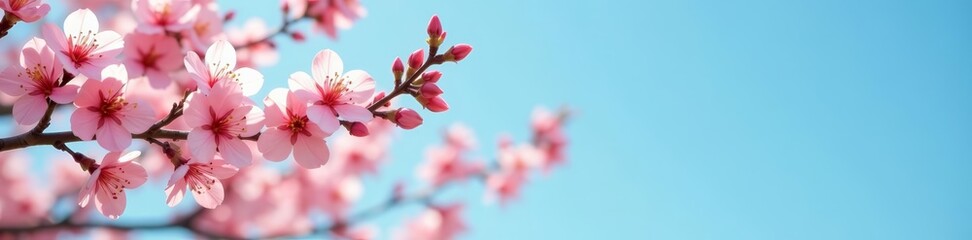 Fototapeta premium Elegant branches of peach tree flowers against blue sky backdrop, Chinese, elegant, sky