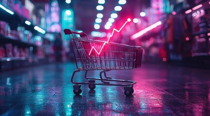 Retail growth surge showcased by shopping cart with upward trending graph in a vibrant, digitally stylized supermarket