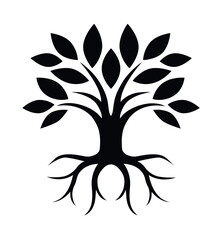 Vector black simple elegant tree with crown and roots symbol isolated on white background