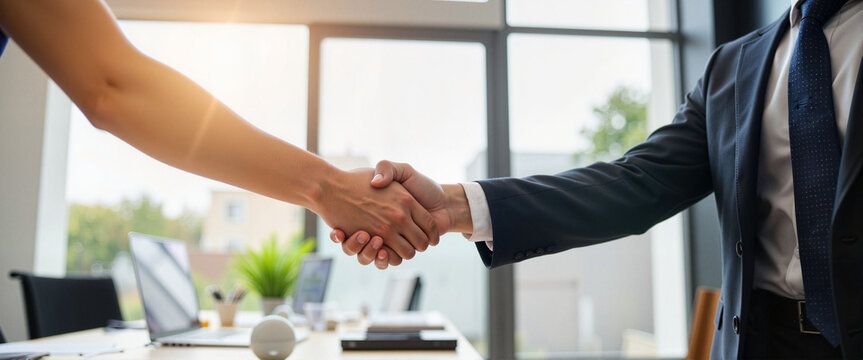 Business partnership handshake in modern office setting  