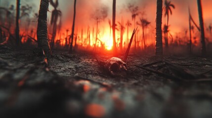Desolate forest after fire, a skull on charred earth