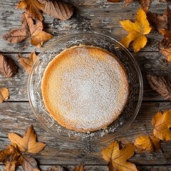 Fototapeta premium Top view of Vanilla sponge cake in transparent plate on a wooden rustic wooden planks surrounded by autumn leaves --v 6.1 Job ID: deaf4004-b374-491d-89f1-a02fc4718fa1