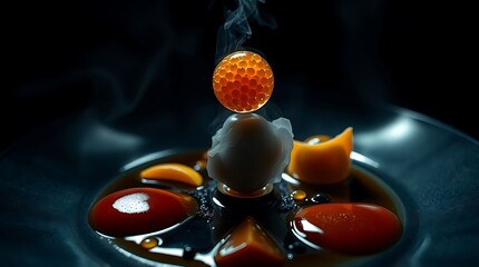 Close up of an orange caviar sphere on a dish with sauce and garnish