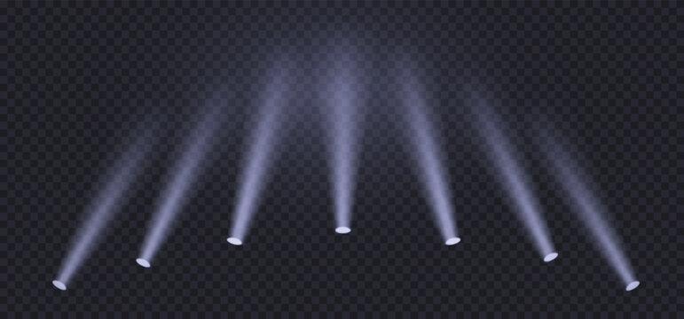 Spotlight sources, concert light effect, flashlight set on transparent background. 3D volume light effect on dark bg. Empty theater scene. Realistic vector illustration.