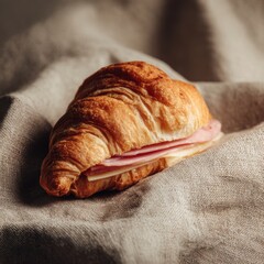 Fresh croissant sandwich with ham and cheese on beige linen fabric delicious snack or light meal close up