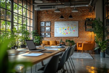 Modern Office Interior with Brick Wall Large Windows and Plants natural light