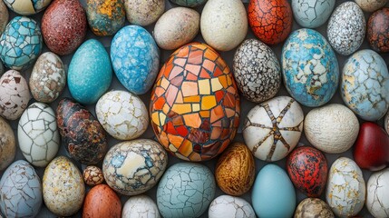 Colorful and Unique Decorative Eggs Arranged on a Surface