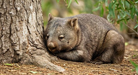 A wombat rests calmly in the cool shade of a tree, its thick, earth-toned fur providing excellent camouflage against the surroundings. Still marsupial wildlife.