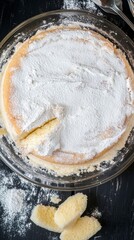 Top view of Vanilla sponge cake in transparent plate on a black background, hyper realistic photo with high quality