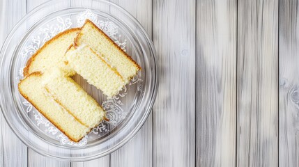 Top view of Vanilla sponge cake in transparent plate on a wooden background, hyper realistic photo with high quality