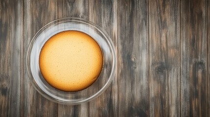 Top view of Vanilla sponge cake in transparent plate on a wooden background, hyper realistic photo with high quality