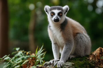 Obraz premium A ring-tailed primate with big eyes rests on a mossy branch in a leafy green forest setting.