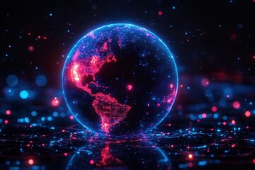 Fototapeta premium Visual representation of a digital globe illuminated with colorful lights representing North and South America