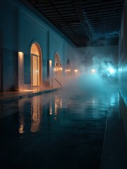 Visitors enjoy a tranquil moment in a thermal bath, enveloped by steam and soft lighting, as the natural surroundings create a peaceful atmosphere during the evening