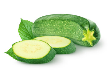 Whole zucchini (courgettes) and two slices isolated on white background