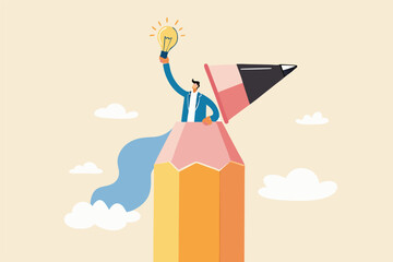 Creative idea, inspiration or imagination to think about new idea, creativity, knowledge learning or writing content concept, young creative man open pencil top discover new lightbulb idea.