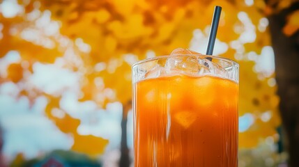 enjoy a refreshing drink, close-up of a cold drink, refreshing summer drink in autumn, fall themed drink, relaxing autumn drink, close-up of an iced drink, outdoor setting for a drink, iced tea