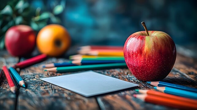 Blank gift card for Teacher s Day surrounded by school supplies and an apple