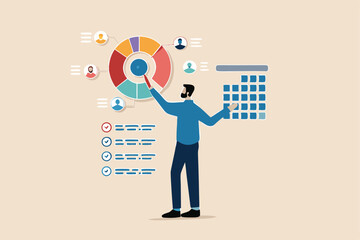 Resource planning or project management, ERP or marketing software, people or strategy to optimize process, client or CRM concept, businessman managing or analyze resource planning software pie chart.